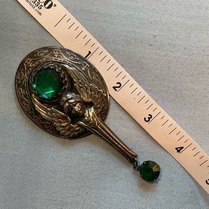 H. Pomerantz  Silver Tone - Green Glass - Victorian Style Angle Brooch